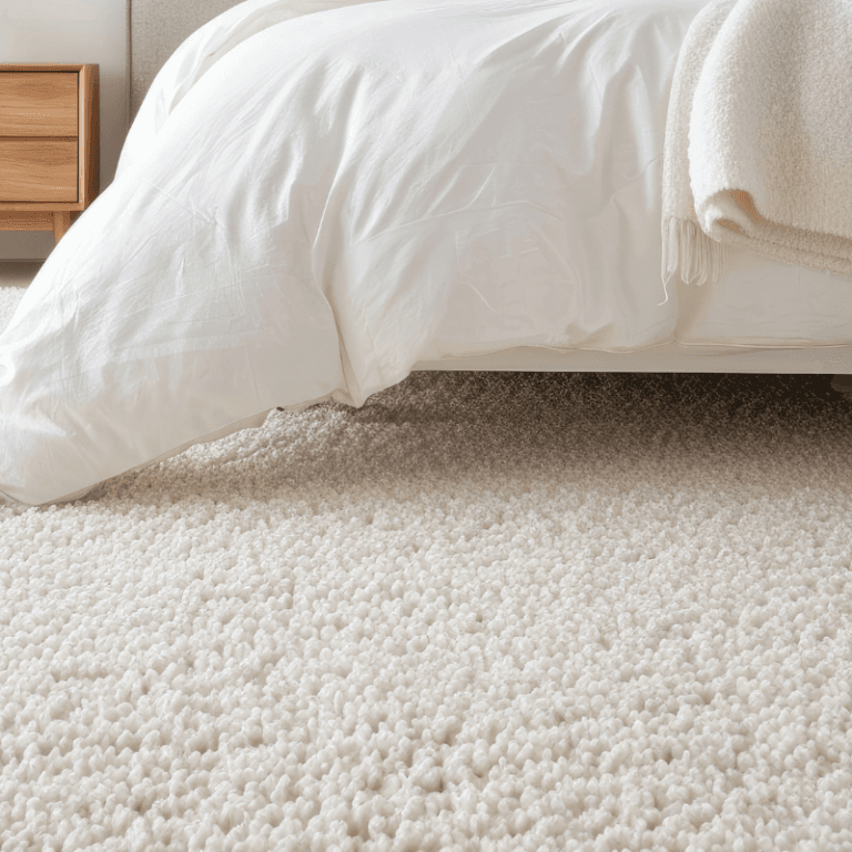 Soft white plush carpet flooring in a minimalist modern bedroom, featured in Simplicity Flooring’s carpet services