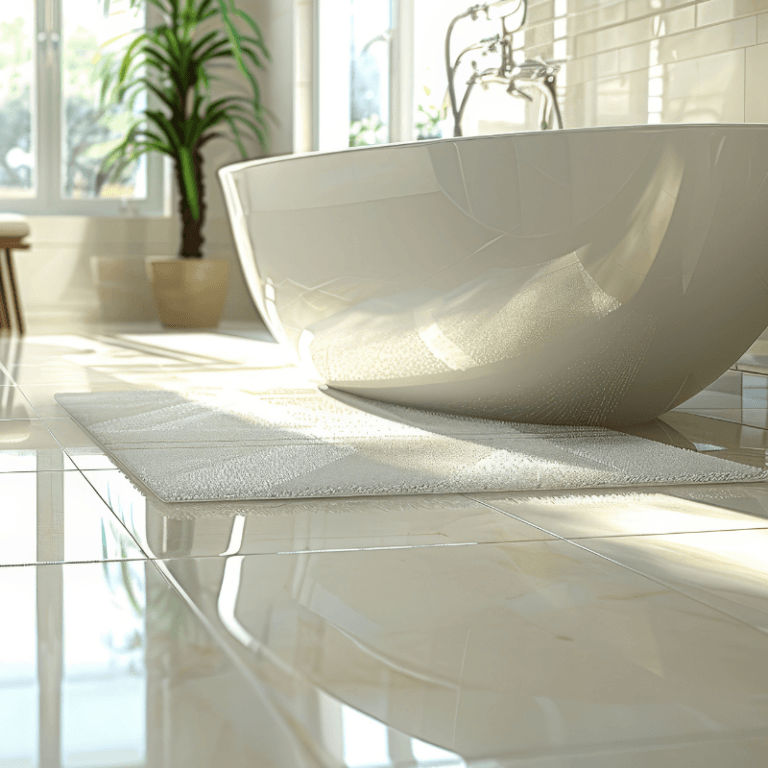 Natural polished stone tile installed in a residential bathroom, offering a sleek and durable finish