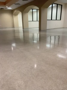 Shiny polished concrete floor installed inside a commercial building