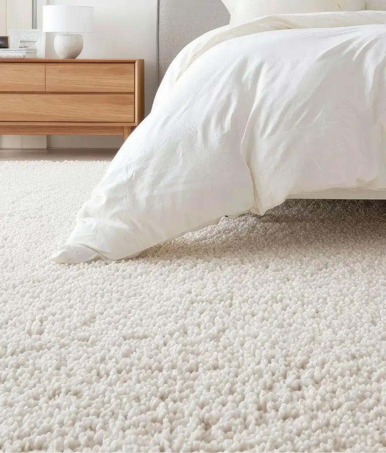 White plush carpet flooring in a minimalist bedroom, creating a cozy and modern sleep space