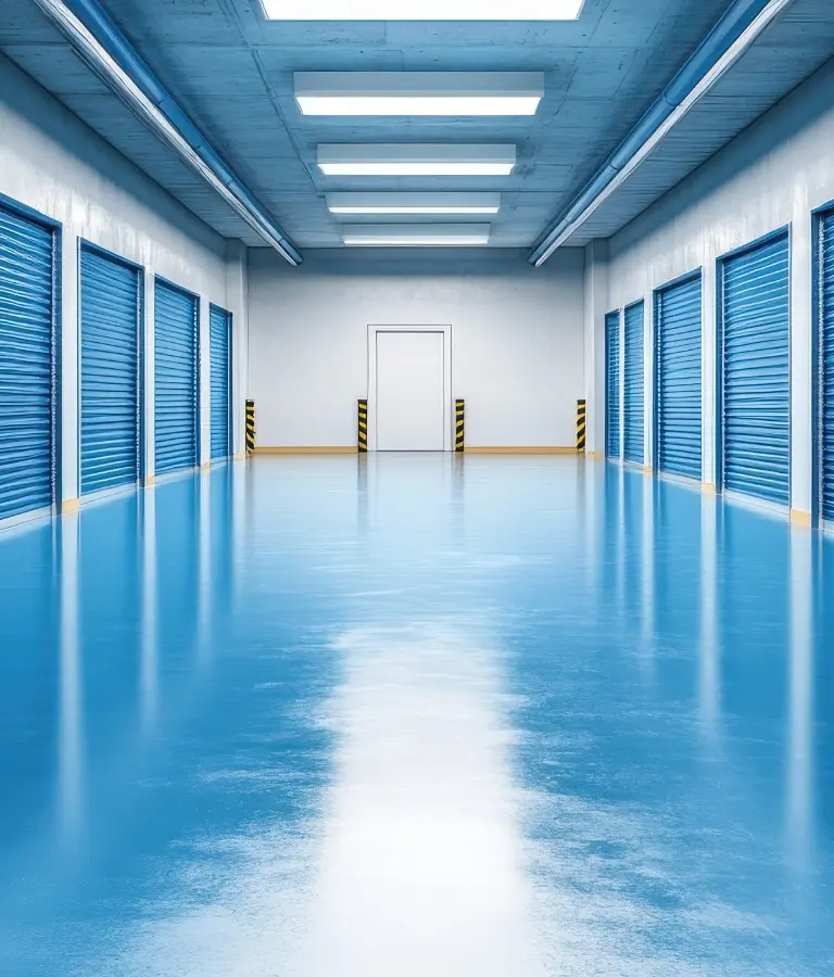Polished concrete and epoxy flake flooring in a commercial warehouse with bright, reflective lighting to highlight energy efficiency benefits
