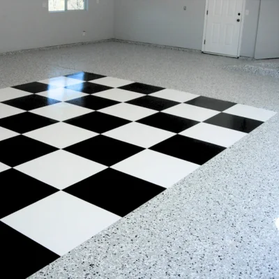 Epoxy garage flooring for Northern California homes with decorative flake finish.