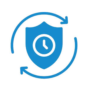 Shield with a clock in the center with two arrows in a circular motion representing durable flooring