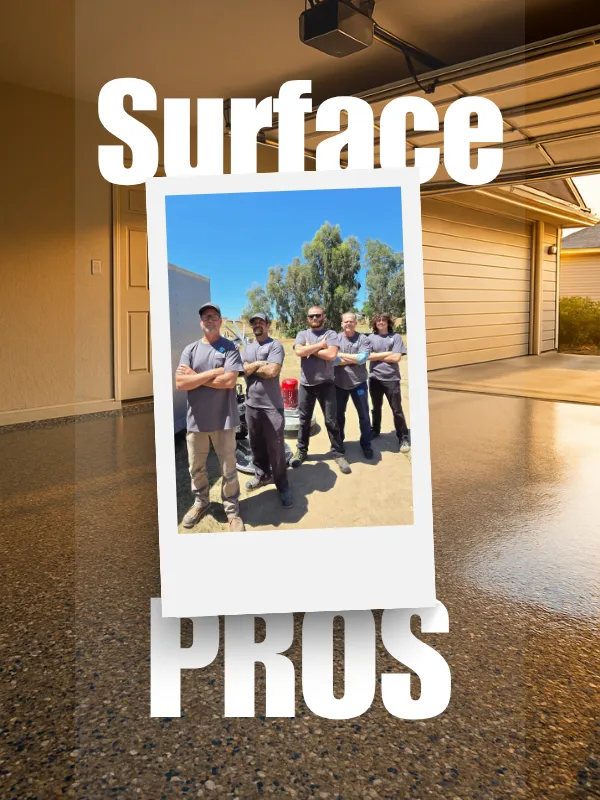 Team of five men posing with arms crossed inside a white photo frame on a driveway, with bold white text 'Surface PROS' above and below.
