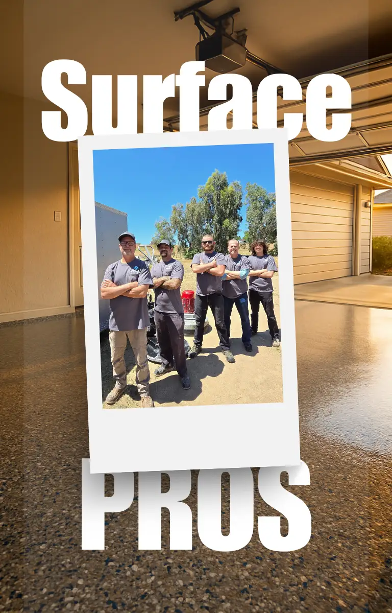Five technicians pose with arms crossed inside a Polaroid frame in a garage; bold 'Surface' above and 'PROS' below.