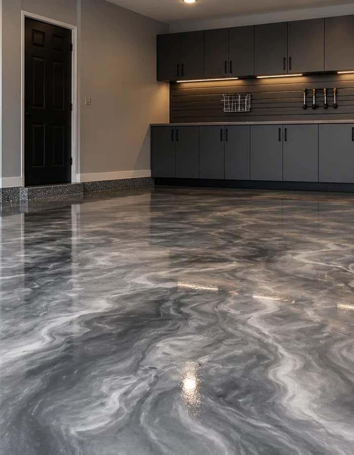 Epoxy-coated gray floor with white swirls in a modern workshop with dark gray cabinets and a black door on the left.
