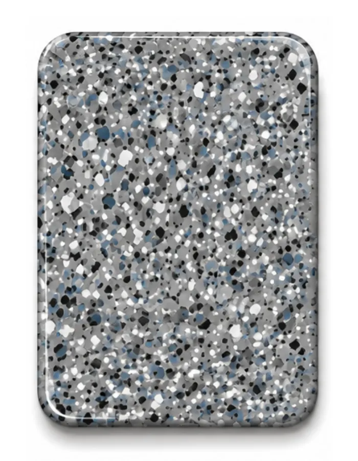 Rounded rectangular terrazzo tile with grey, white, and black specks.