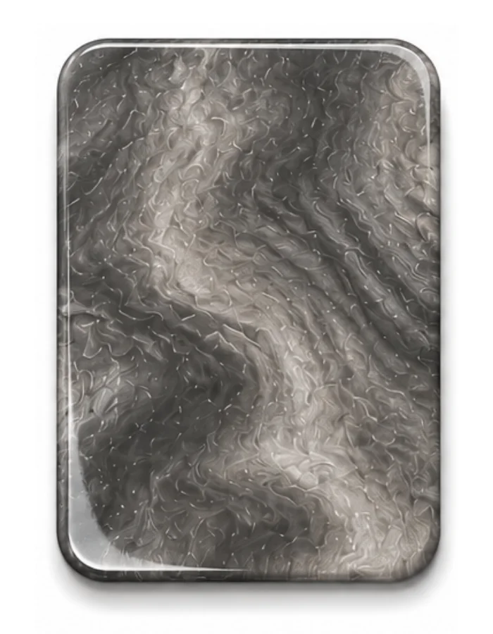 Rounded rectangular stainless steel panel with a swirling, brushed metal texture.