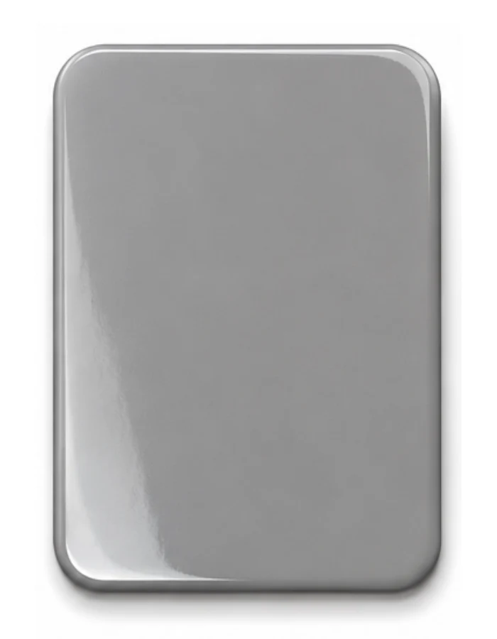Shiny gray rectangular metal tin with rounded corners and a blank lid