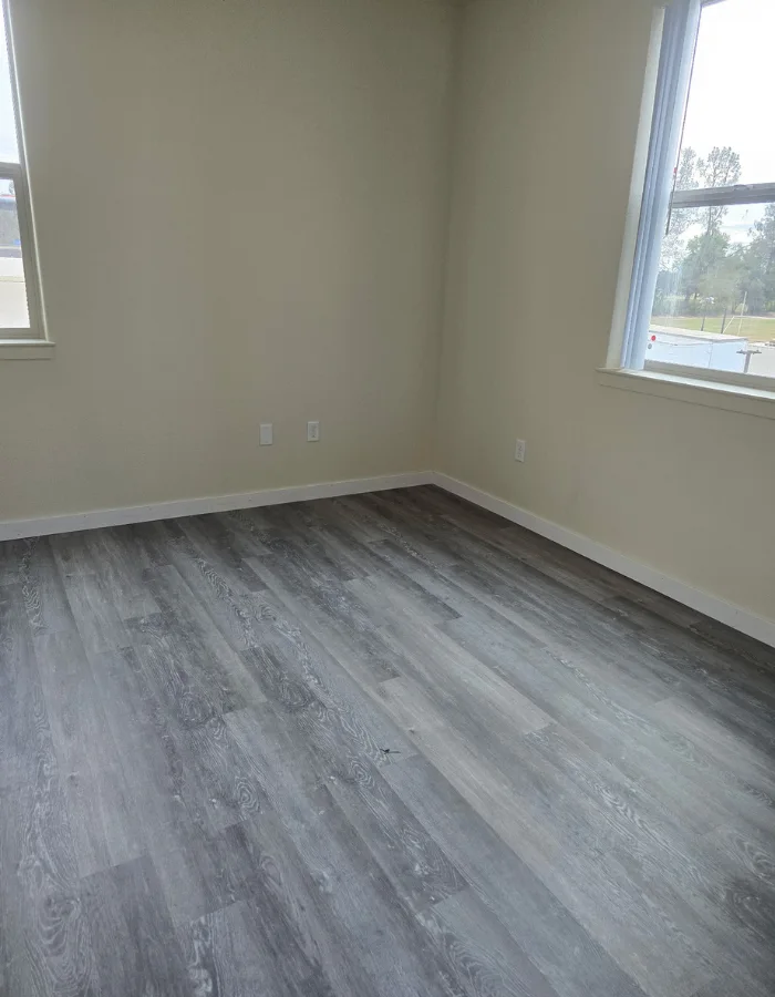 Empty beige room with gray wood-like flooring, two windows letting in light, white baseboards, and several electrical outlets along the wall, blank and unfurnished.
