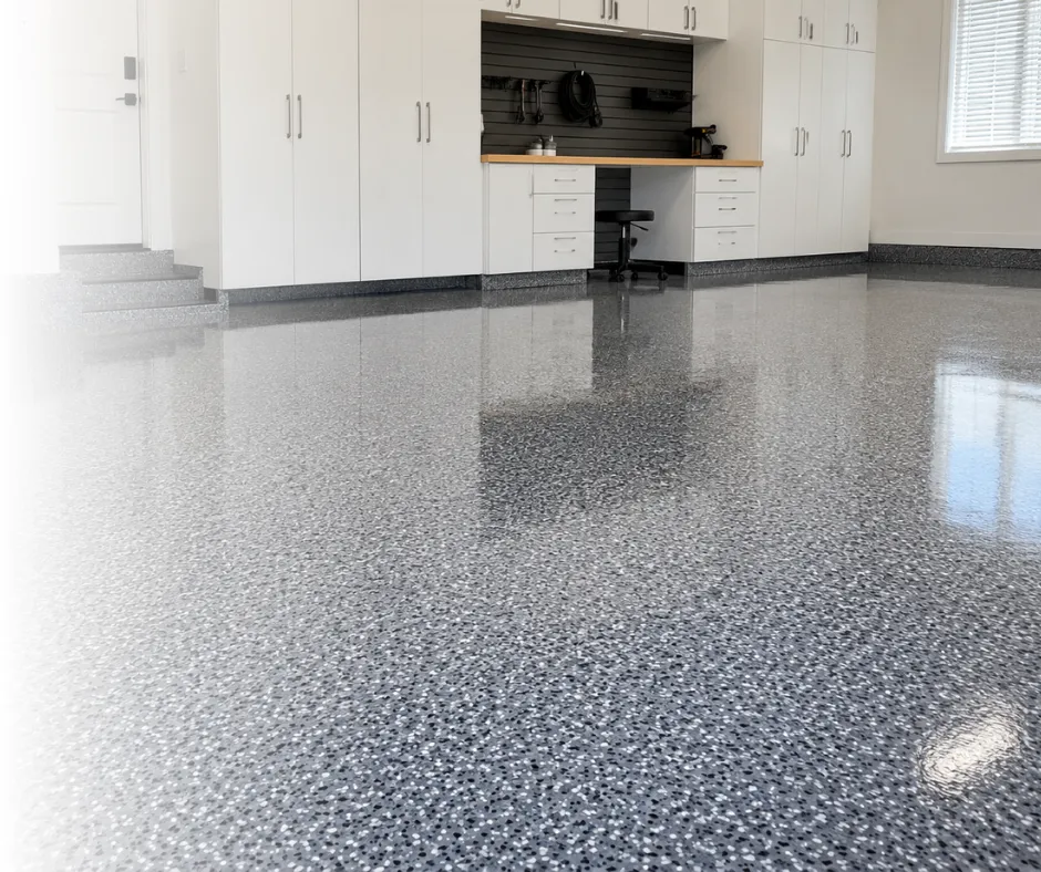 Bright garage with white cabinets, a pegboard wall, and a glossy speckled epoxy floor reflecting light in a tidy workshop area.