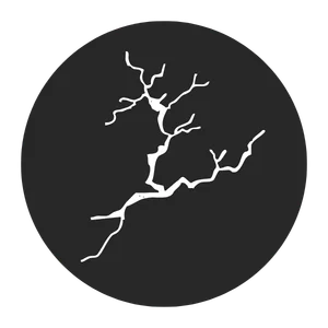Circular dark badge featuring a white, branching, tree-like structure (resembling a neuron or twig).