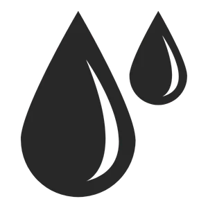 Two overlapping dark water droplets, one larger in front of the other against a transparent background