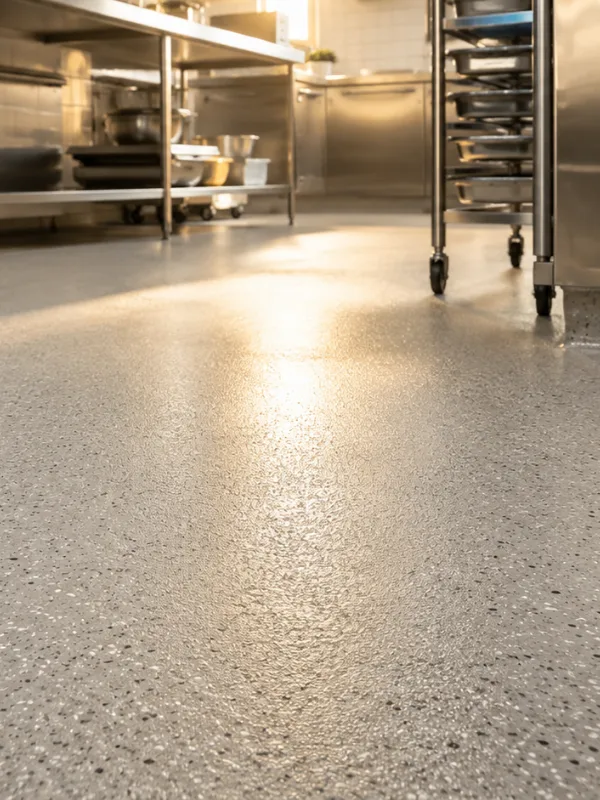 Polished concrete kitchen floor with stainless steel work tables and a rolling rack in a commercial kitchen, viewed from floor level.