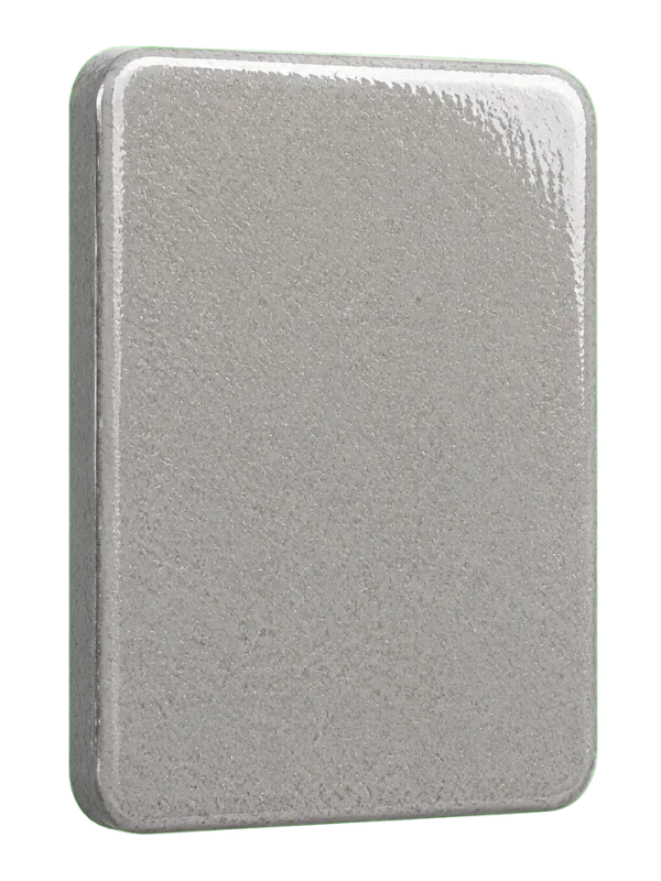 Rectangular silver metal tin with rounded corners and a closed lid, viewed from the side.