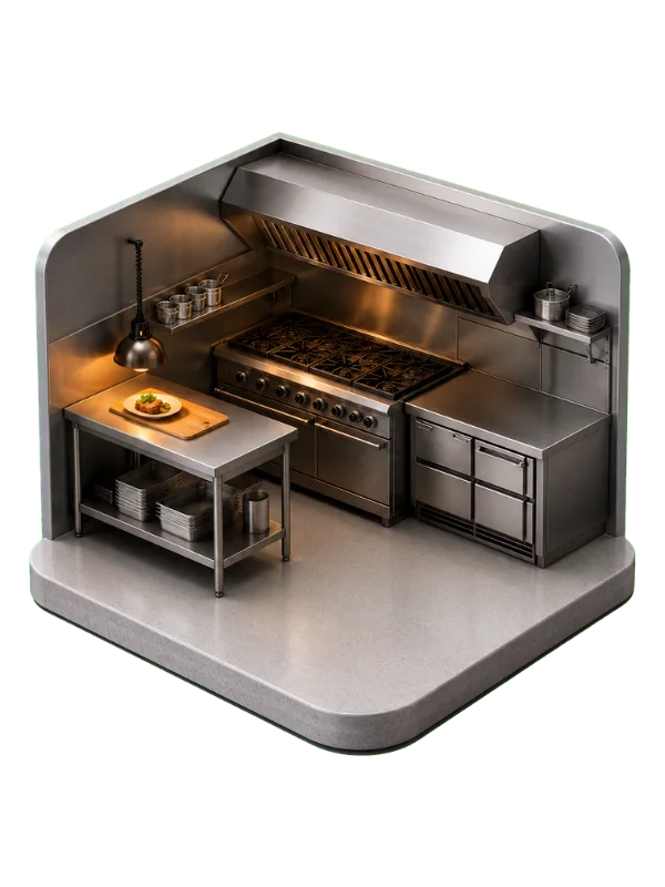 Miniature stainless steel commercial kitchen with a six-burner stove, hood, and prep table with a plated dish.