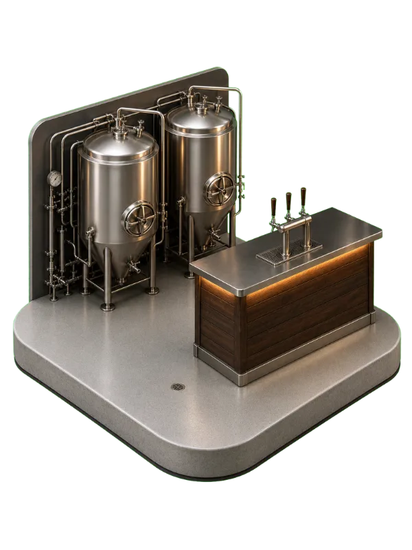 Twin stainless steel brewing tanks with pipes and gauges on a raised platform beside a wooden bar and beer taps for dispensing.