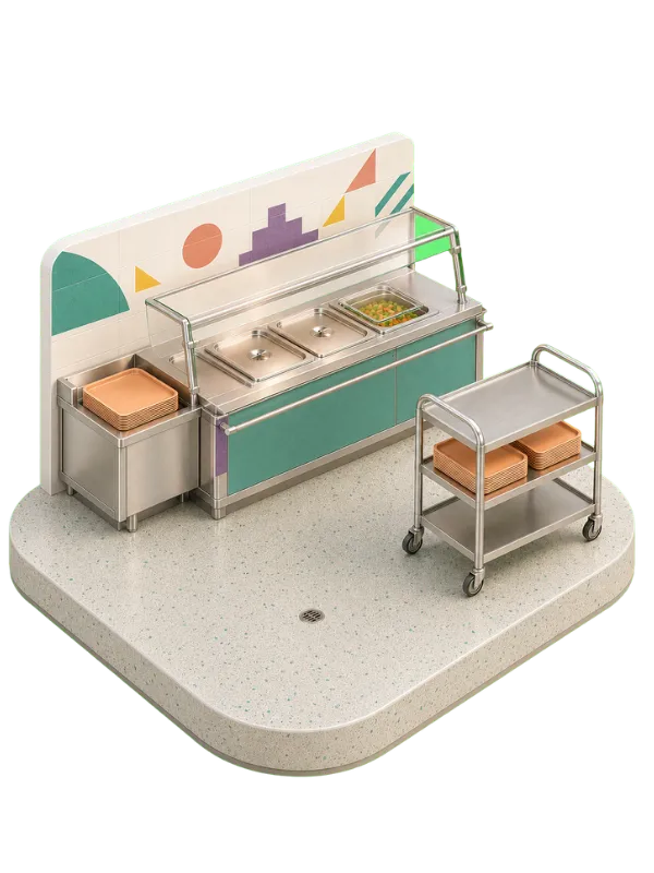 Cafeteria serving station with steam trays and a wheeled cart holding brown lunch trays nearby