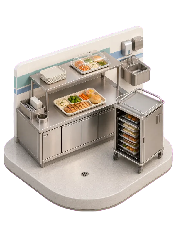 Stainless steel hospital kitchen station with warming shelf and trays of prepared food; mobile cart nearby with stacked food trays and a sink area behind for washing up.