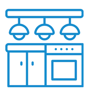 Blue line drawing of a kitchen with cabinets, a stove with an oven, and three hanging pendant lights.