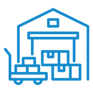 Blue line-art icon of a factory or warehouse with a delivery truck in front.