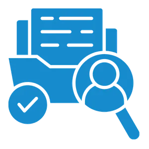 Blue icon of stacked documents with a magnifying glass and two user silhouettes, representing document review or collaborative search.
