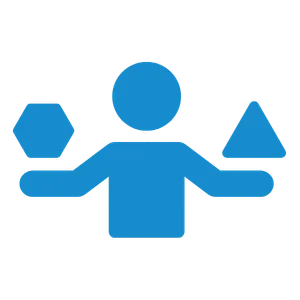 Blue abstract figure with outstretched arms and geometric shapes (hexagon, circle, triangle) suggesting teamwork.