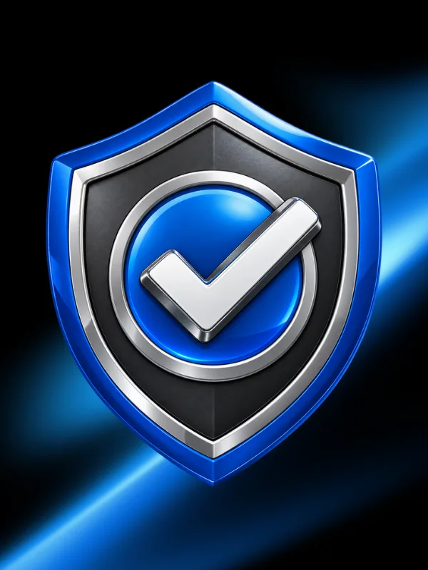 Blue metallic shield with silver border and a white checkmark, symbolizing verification and security.