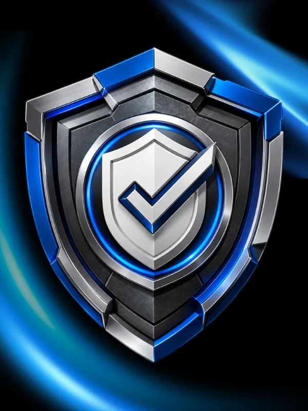 Futuristic metallic shield with a blue glow and a white shield emblem featuring a blue checkmark, symbolizing security and verification.